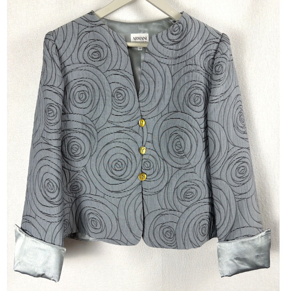 Armani Collezioni Grey Silver Swirl Jacquard Blazer Jacket Size 14 Made in Italy